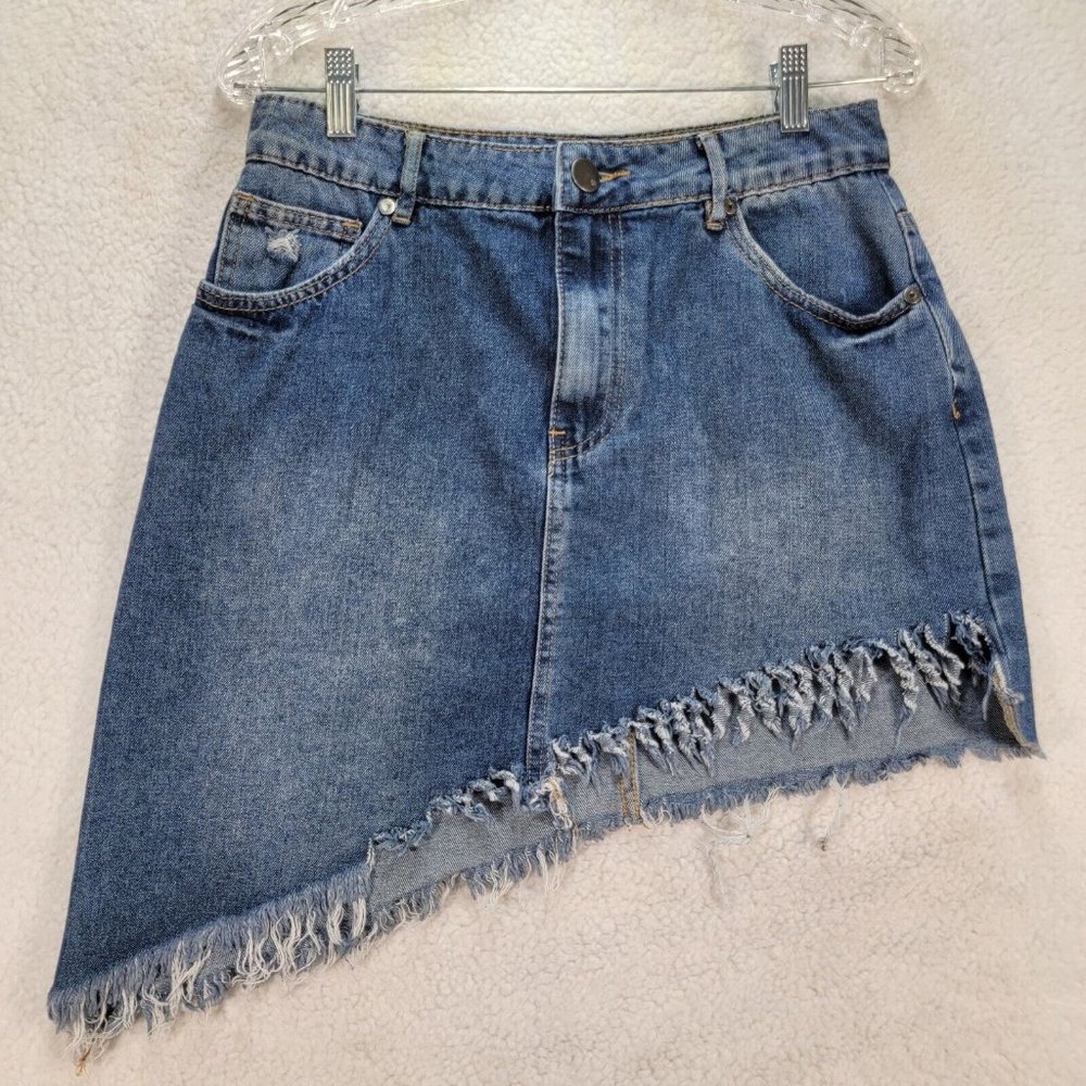Cotton On Blue Denim Stretch Distressed Sexy Jean Short Asymmetric Mini Skirt